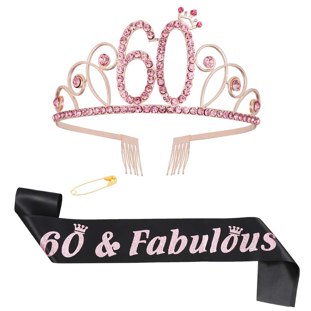 ruggito60th Birthday Costume Set For Women,Include 60th Black Satin Sash,Birthday Crown Tiara and Round Brooch Clip Pin for 60th Birthday Party Decorations