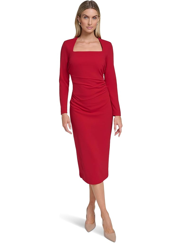 Red Calvin Klein Scuba Crepe Long Sleeve Midi Sheath