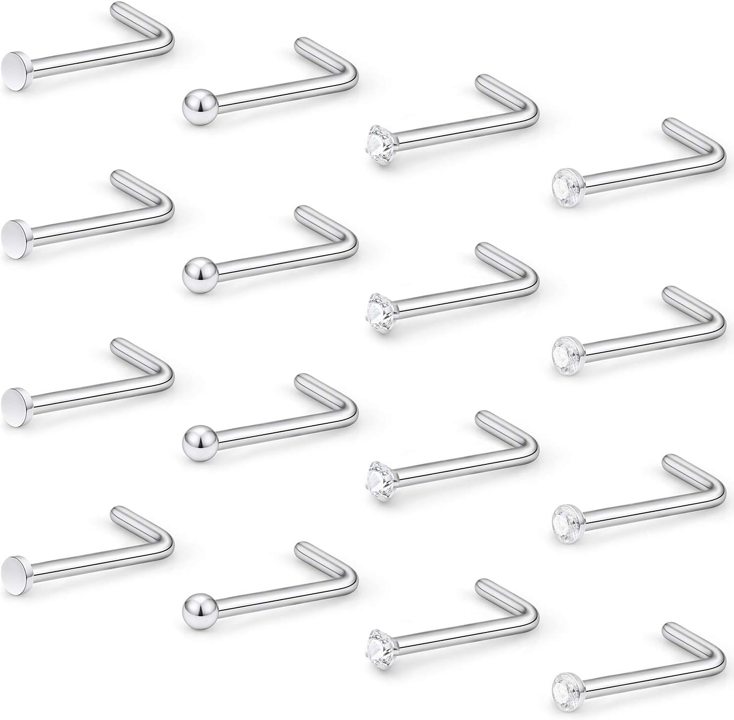 Hoeudjo Nose Studs Surgical Steel Cubic Zirconia Nose Rings Piercing Kit for Women Men Screw & Bone & L Shaped Nostril Rings Jewelry 20 Gauge 16 Pieces