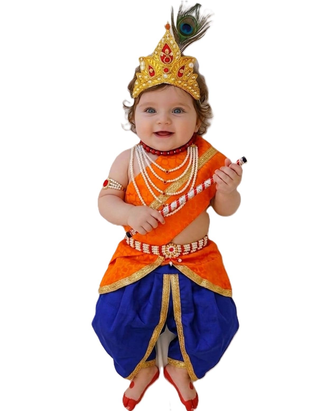 BookMyCostume Brocade Krishna Costume with Heavy Jewellery and Mukut Set - Janmashtami Premium Dress for Baby Kanha Boys & Girls - Blue & Orange 1-2 Years