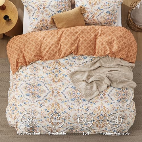 Image of Bedsure Duvet Cover Queen Size - Reversible Floral Duvet Cover Set with Zipper Closure, 3 Pieces Bohemian Orange Bedding Set with 8 Corner Ties and 2 Pillow Shams 20 inchx26 inch