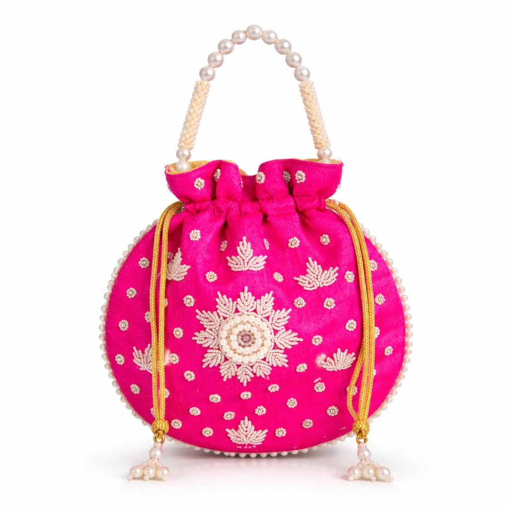 Bridal Potli Bag with Pearl Handle – Hand-Embroidered Wedding Clutch Pouch for Women | Ethnic Indian Drawstring Purse for Brides, Sangeet, Reception, Gifts – Hot Pink-image-21