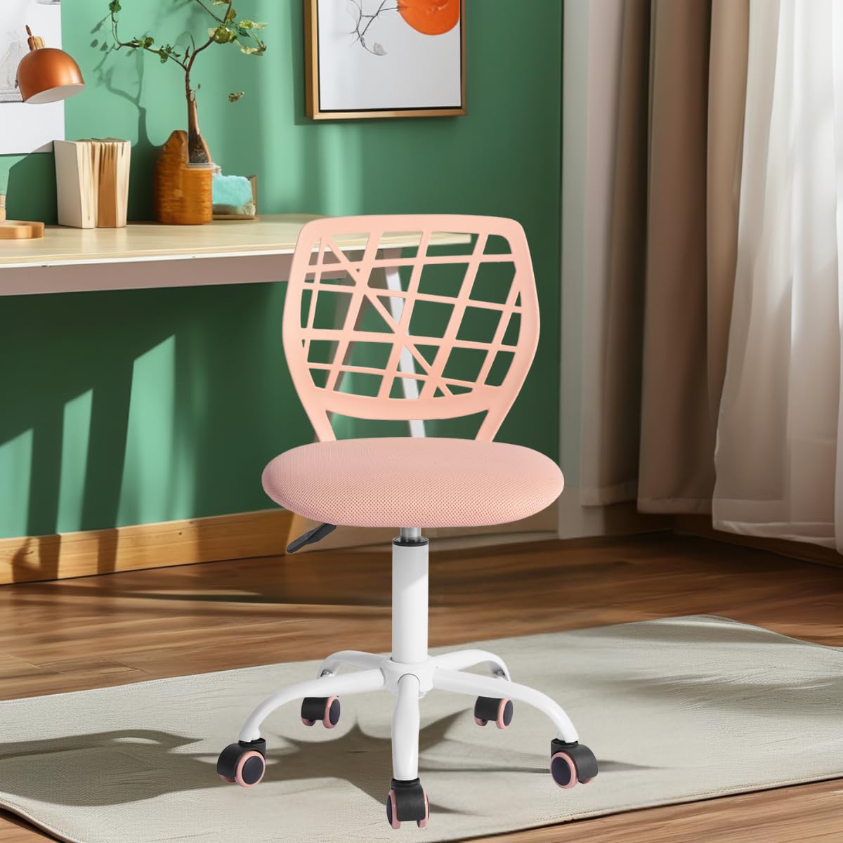 FurnitureR Silla de Trabajo para Adolescentes y niñas, giratoria de 360 Grados, Baja y Media de Malla de Polipropileno, Asiento Trasero de Tela, Altura Ajustable, Color Rosa