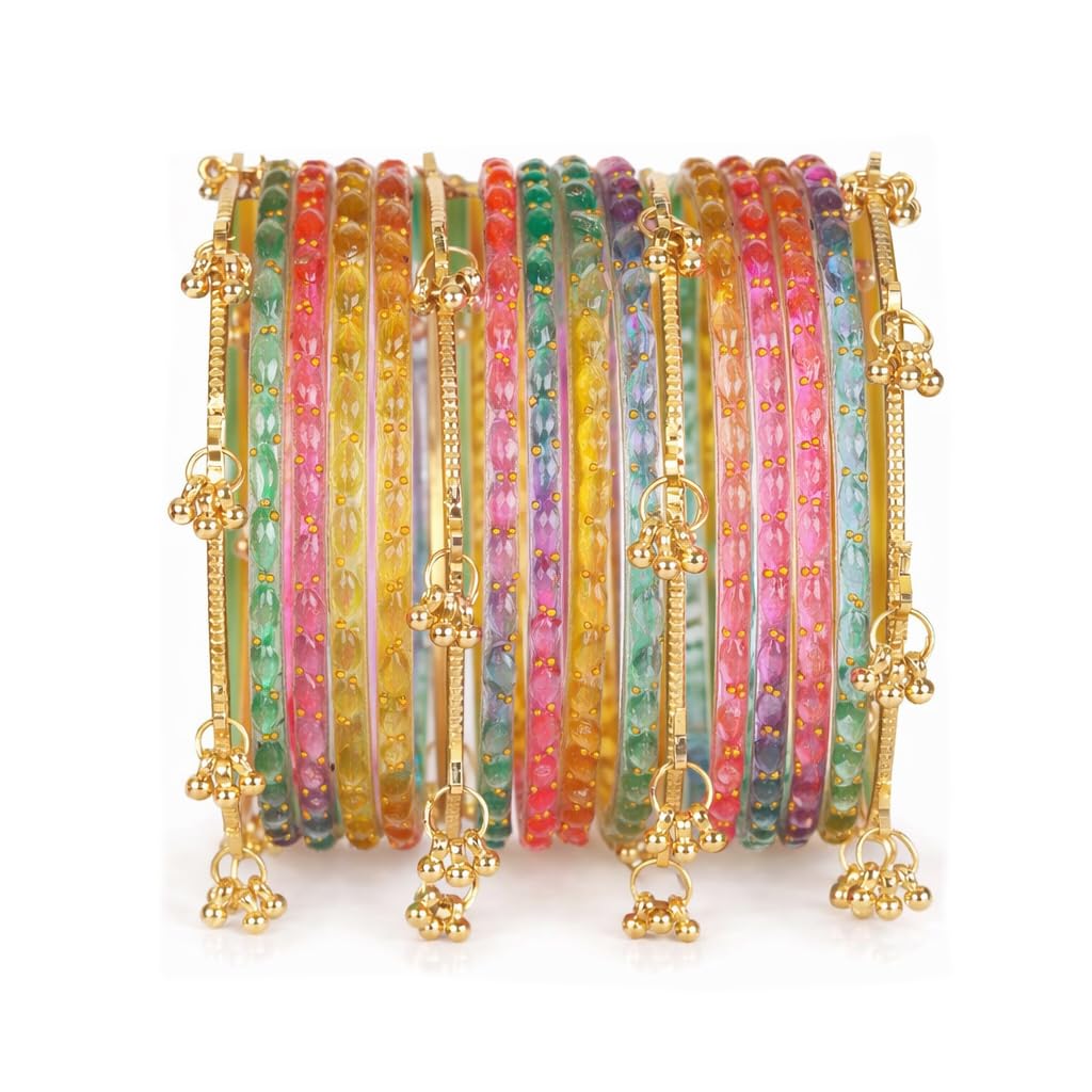 Shining Diva Fashion 16 Pcs Traditional Stylish Glass Ghungroo Kashmiri Bangles Set for Women & Girls (17376b_2.6_17387b_2.6) (Multicolor Pastel)