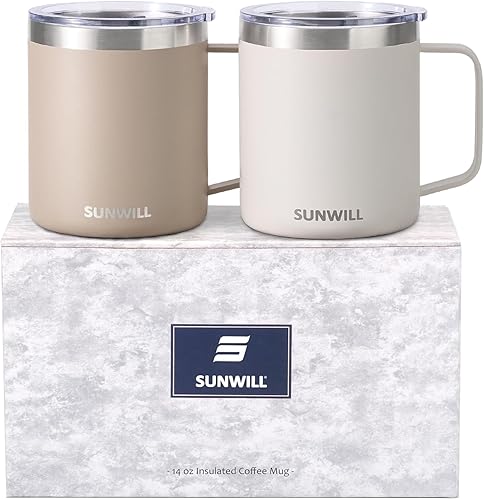 SUNWILL - Taza de café aislada con tapa de acero inoxidable, con asa, de 14 onzas para el hogar, viajes, oficina, cumpleaños, recubrimiento en polvo
