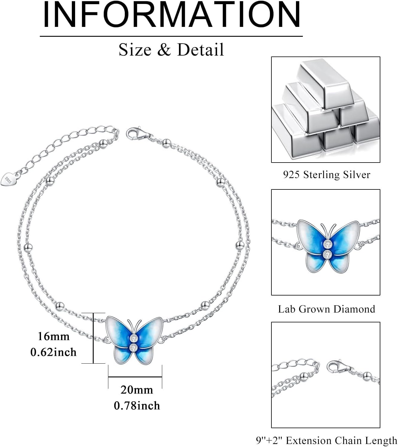 Diamond Butterfly Anklet Sterling Silver, Elegant Adjustable Ankle Bracelet for Women, 925 Silver Hypoallergenic Foot Jewelry Birthday Christmas Gift for Her