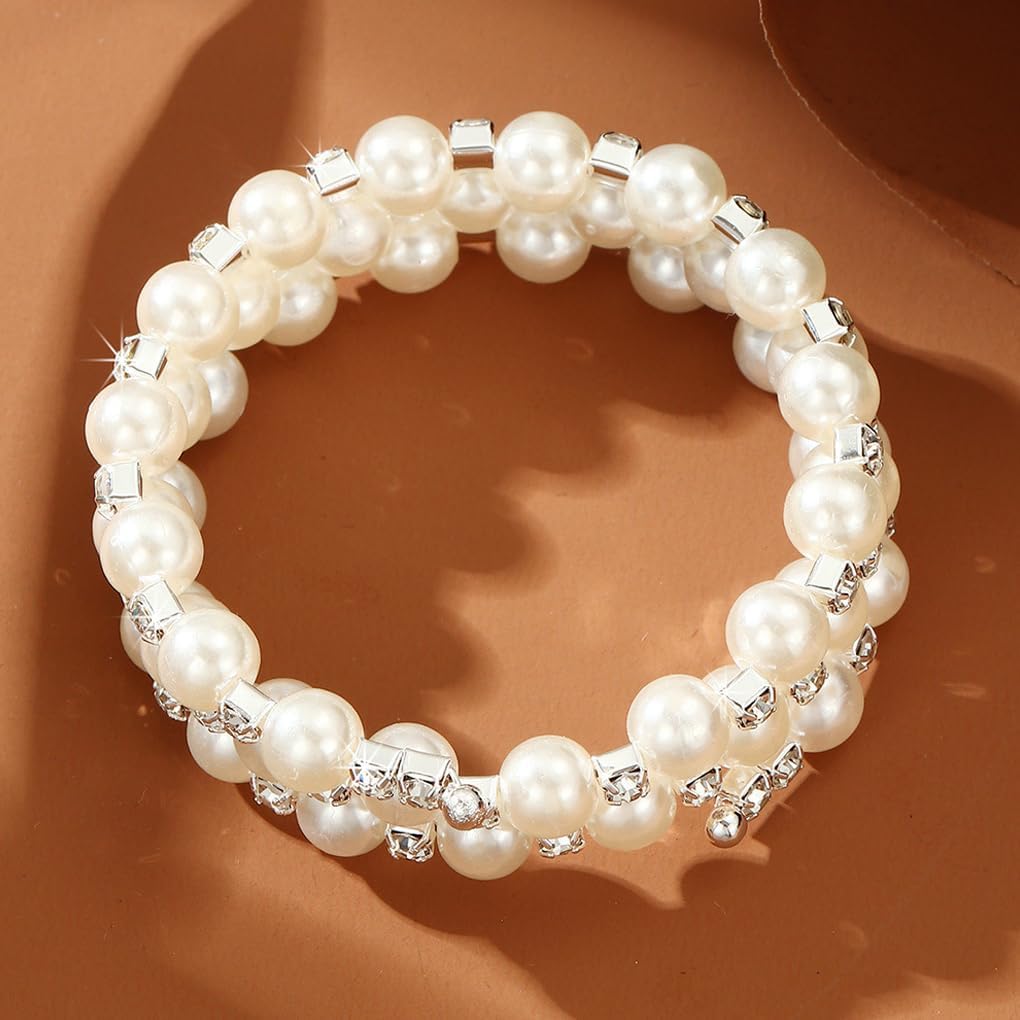 Glitter Rhinestone Pearl Beaded Wrap Open Bracelets for Women Charm Layered Pearl Adjustable Open Bangle Bracelets Dainty Wedding Jewelry Gifts - Image 5