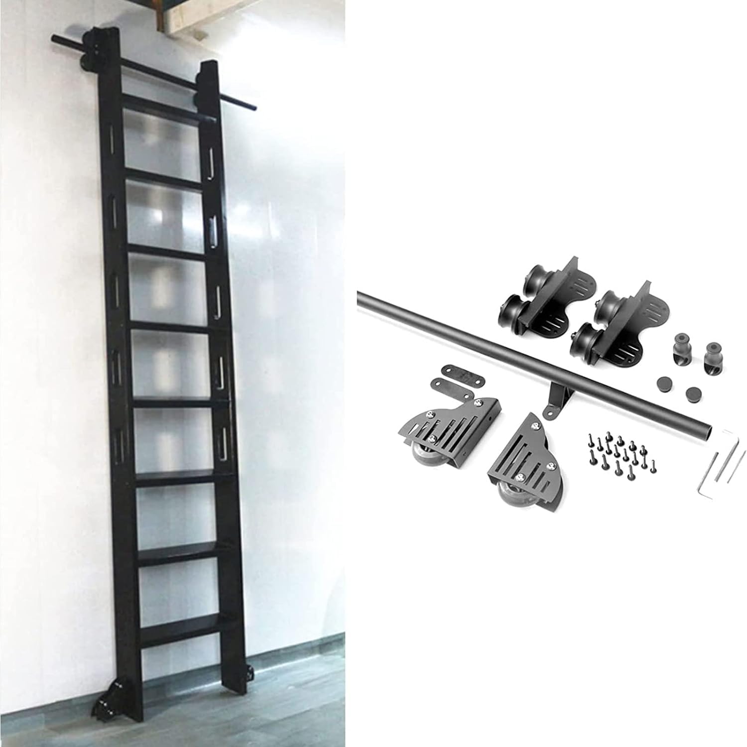DFGHNBVC Sliding Library Ladder Hardware Complete Kit, Steel Round Tube Rolling Extension Rail + Floor Casters, 3.3-20Ft Retractable Sliding Barn Door Kit,Onecolor-6.6Ft/200Cm Track Kit