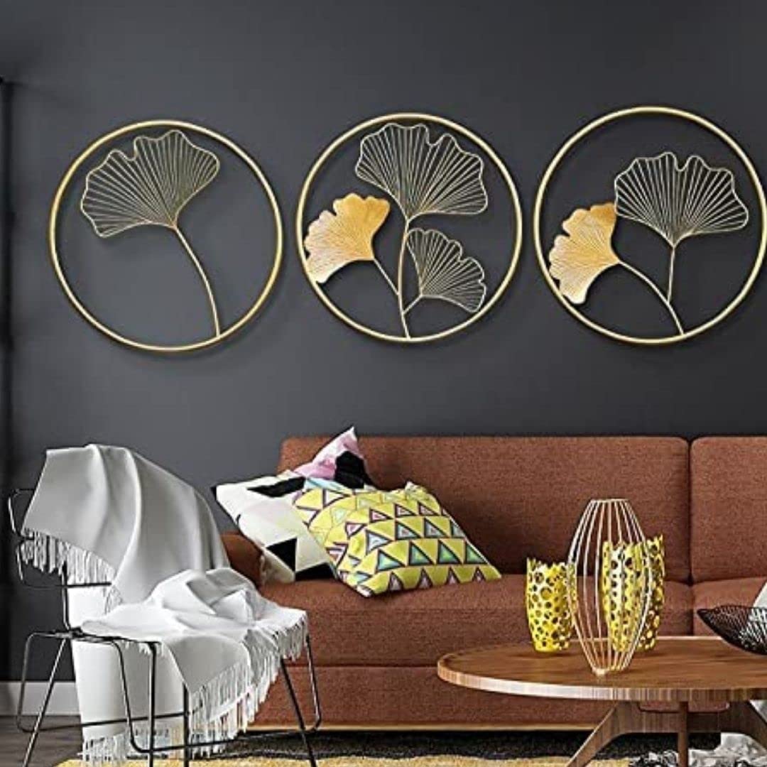 Home and BazaarHome and Bazaar Ethnic Handcrafted Metal Round Golden Leaves Decorative Wall Art/Hanging for Home Living Room Decor - Set of 3 (16 x 01 x 16 Inch)