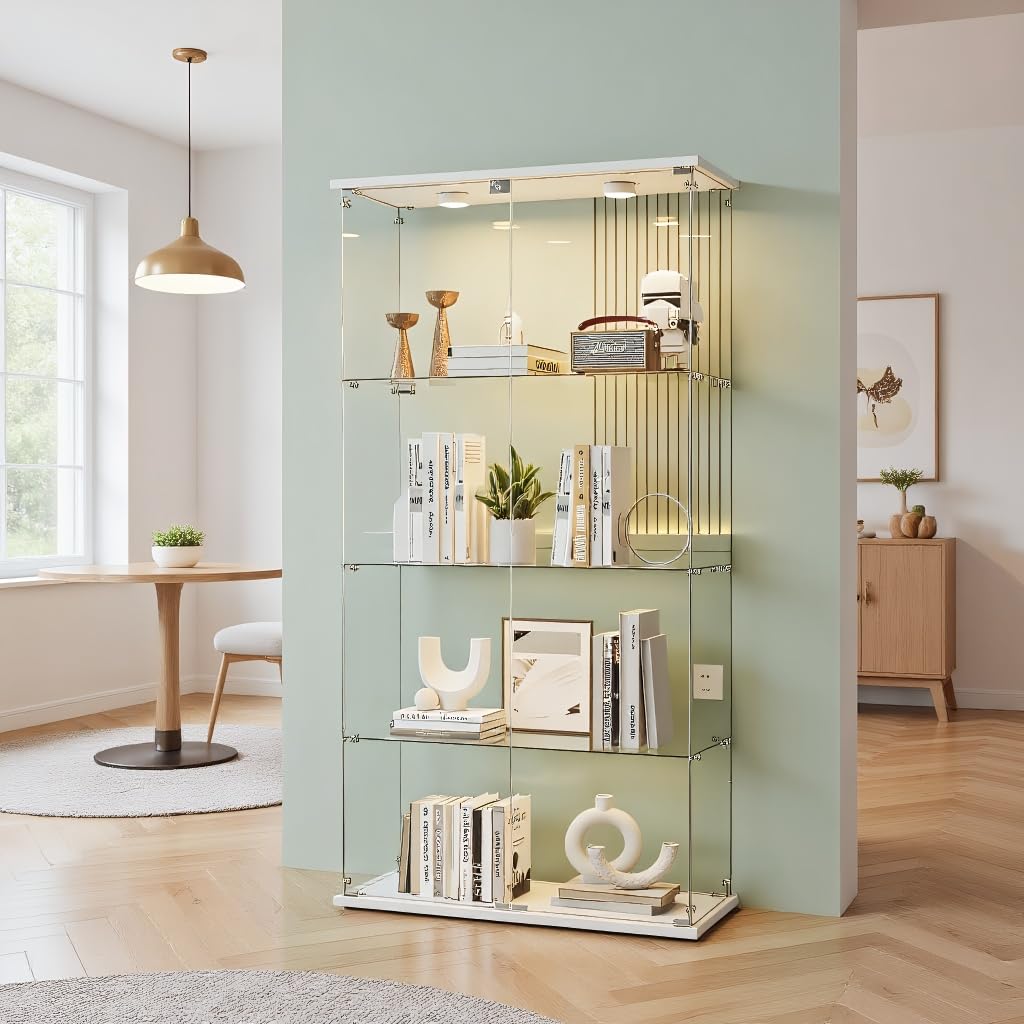 65" Glass Display Cabinet with LED and Lock,4-Shelves Display Cabinets with Glass Doors,Frameless Glass Display Cabinets for Collections,Showcase Cabinet for Living Room, Bedroom and Office, White