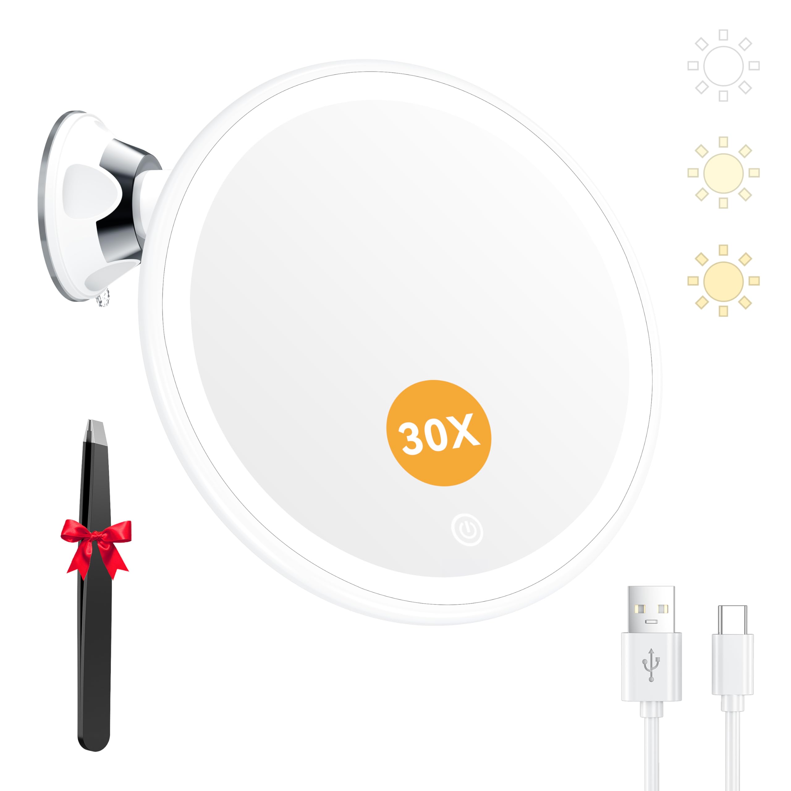 Auxmir Miroir Grossissant 30x Lumineux - Rechargeable avec 3 Modes D'éclairage LED - Ventouse d'attache Ajustable à 360° sans Fil - Miroir Cosmétique Portable pour Salle de Bain, Voyage