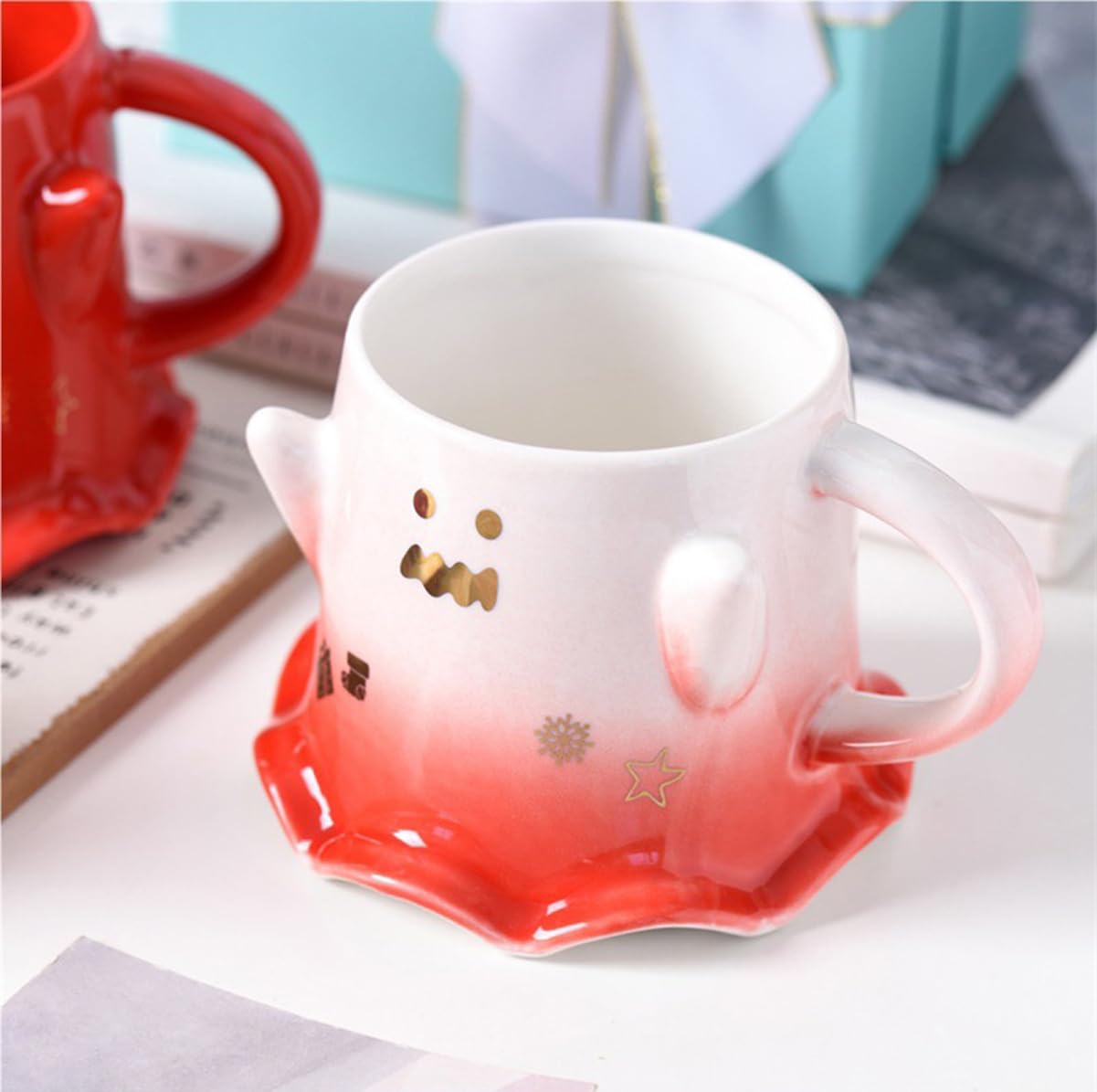 KKGUD Novelty Mini Cup, Ceramic 4.5oz Halloween Coffee Cup with Spoon- Scary Ghost (White+ Red), Scary Ghost- White& Red, 130ml, Small - Image 4
