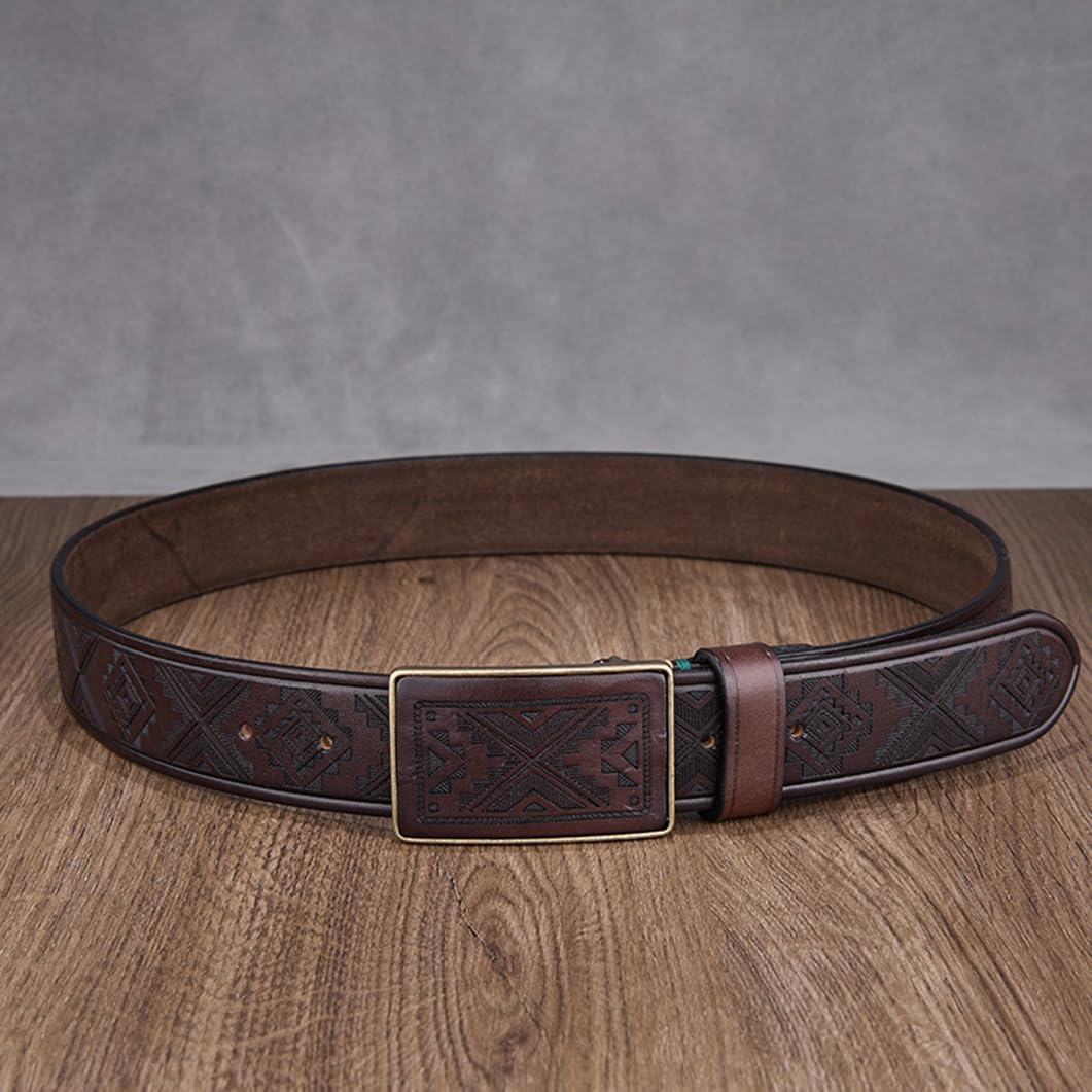 Cintura in Rilievo Fiore Western Fibbia a Scatto con Rettangolo Inciso Ottone Massiccio Retro Fatto a Mano Cinturino in Pelle Stile Country(120cm/47, Coffee)