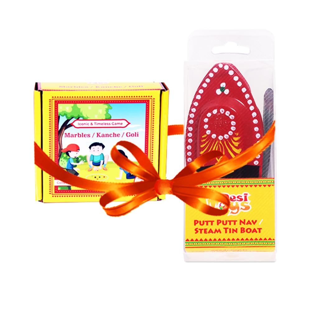 Desi Toys 24 Marble Balls Set with Putt-Putt Nav Boat Combo | Classic Marbles Game with Shooters | Multicolor Kanche Golilu Goli Marbles | Traditional Indian for Kids & AdultsToy | Nostalgic Play Set