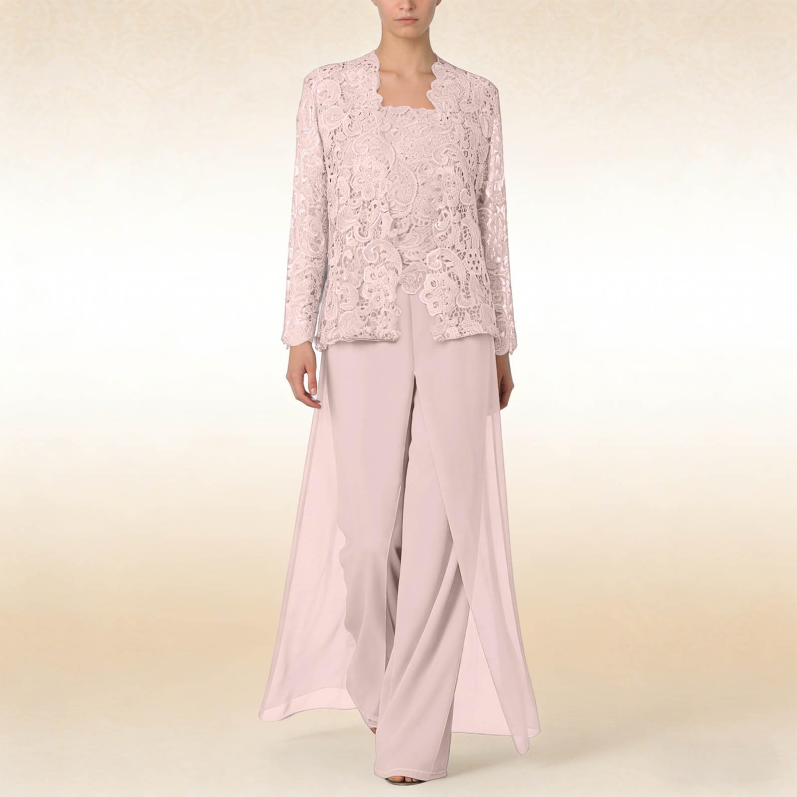 Generisch Ensemble 3 pièces pour femme - Pantalon festif élégant - Haut en dentelle - Cardigan à manches longues et pantalon en mousseline de soie - Costume pour mariage, cocktail, loisirs