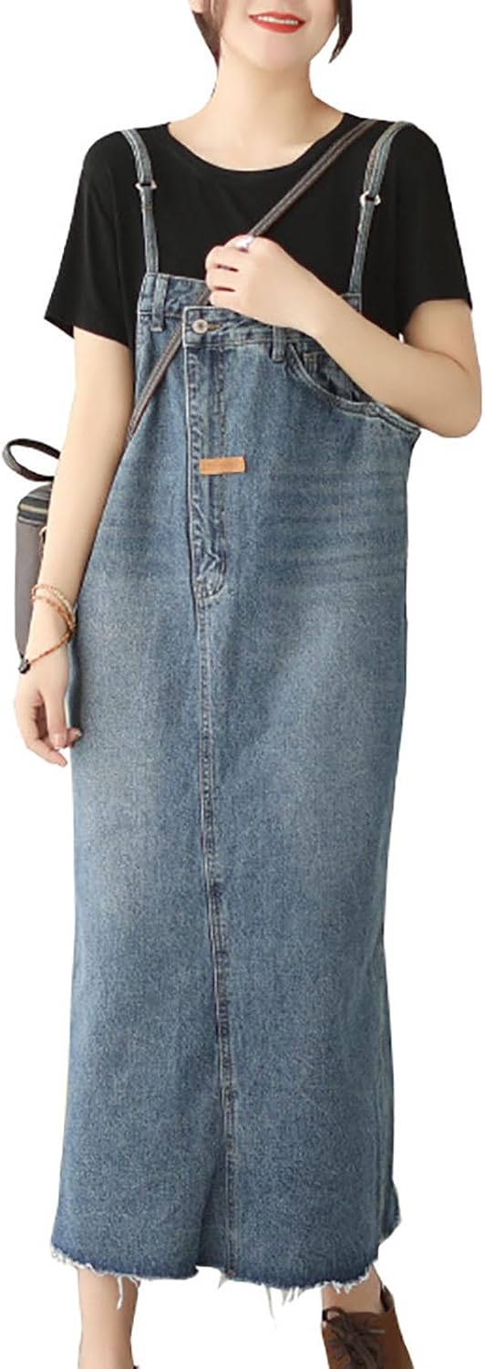 HGps8w Women Casual Suspender Denim Skirt Distressed Loose Overall A Line Long Pinafore Jean Dress with Pockets
