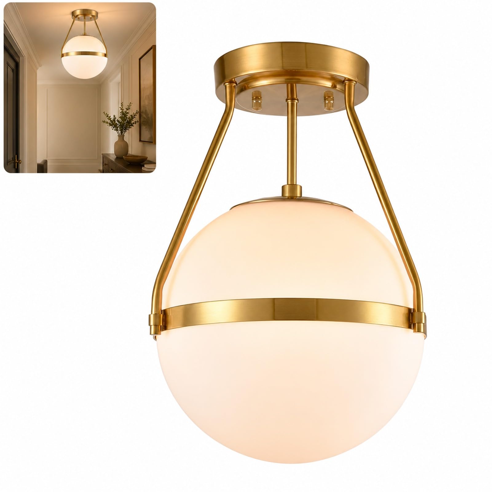 DUY Semi-Recessed Ceiling Light, White Glass Shade, Brass Finish, Near Ceiling, Modern Creative Chandelier, Dining Room, Suitable for Bedroom and Kitchen Aisle Light Fixtures