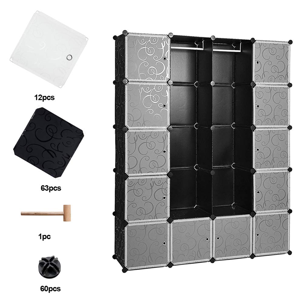 Système de penderie - Avec battants, 20 cubes de rangement, marteau et 2 tringles pour la suspension des vêtements - En plastique PP - 180 x 142 x 37 cm - Noir