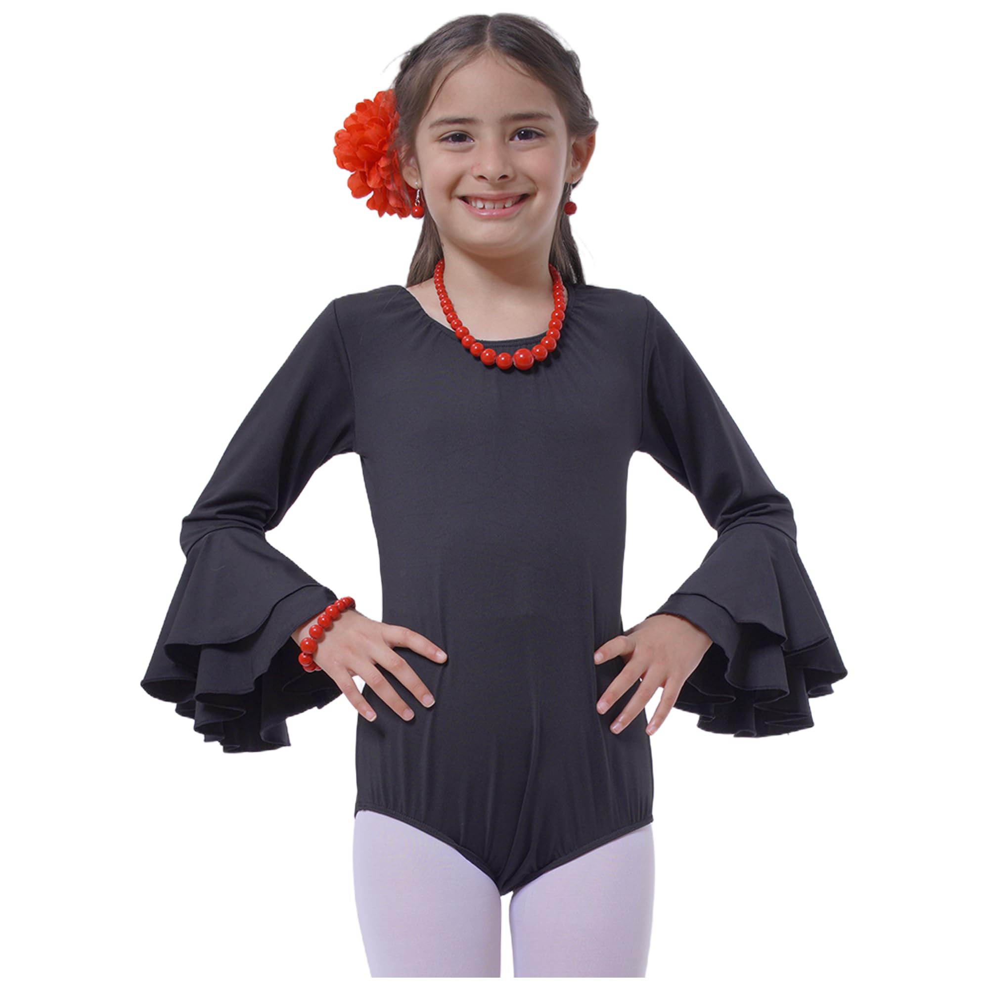 Carnavalife Body flamenco niña negro maillot danza manga larga con volante, leotardo ballet gimnasia, escote redondo, ribete rojo opcional