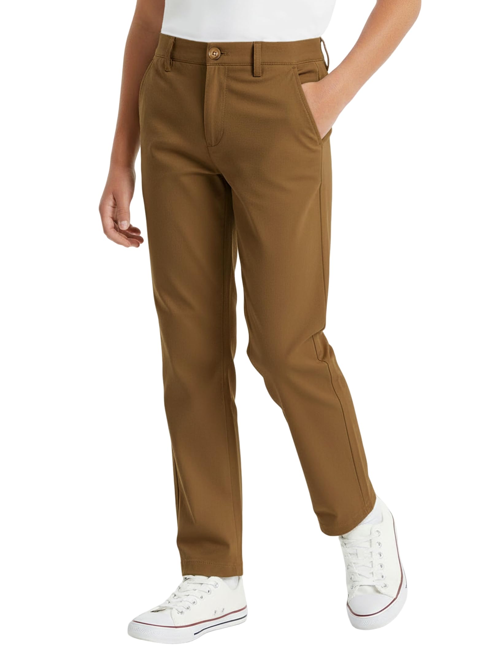 Photo 1 of PATPAT Youth Boys Straight Pants Brown Size 11-12 Years School Uniform Casual Elastic Waist Zip Button Closure Chino Twill Pants with Pockets