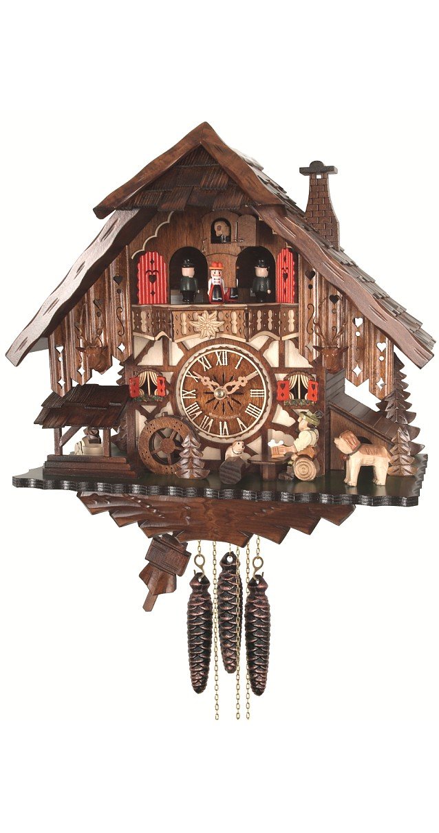 Engstler Quartz Cuckoo Clock Black Forest house with moving beer drinker and mill wheel, with music EN 487 QMT