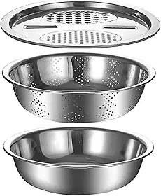 Kit 3 em 1 Ralador, Escorredor e Tigela Coletora em Aço Inoxidável, 23,5cm de Diâmetro, Multifuncional para Legumes, Frutas e Queijos