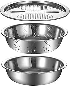 Kit 3 em 1 Ralador, Escorredor e Tigela Coletora em Aço Inoxidável, 23,5cm de Diâmetro, Multifuncional para Legumes, Frutas e Queijos