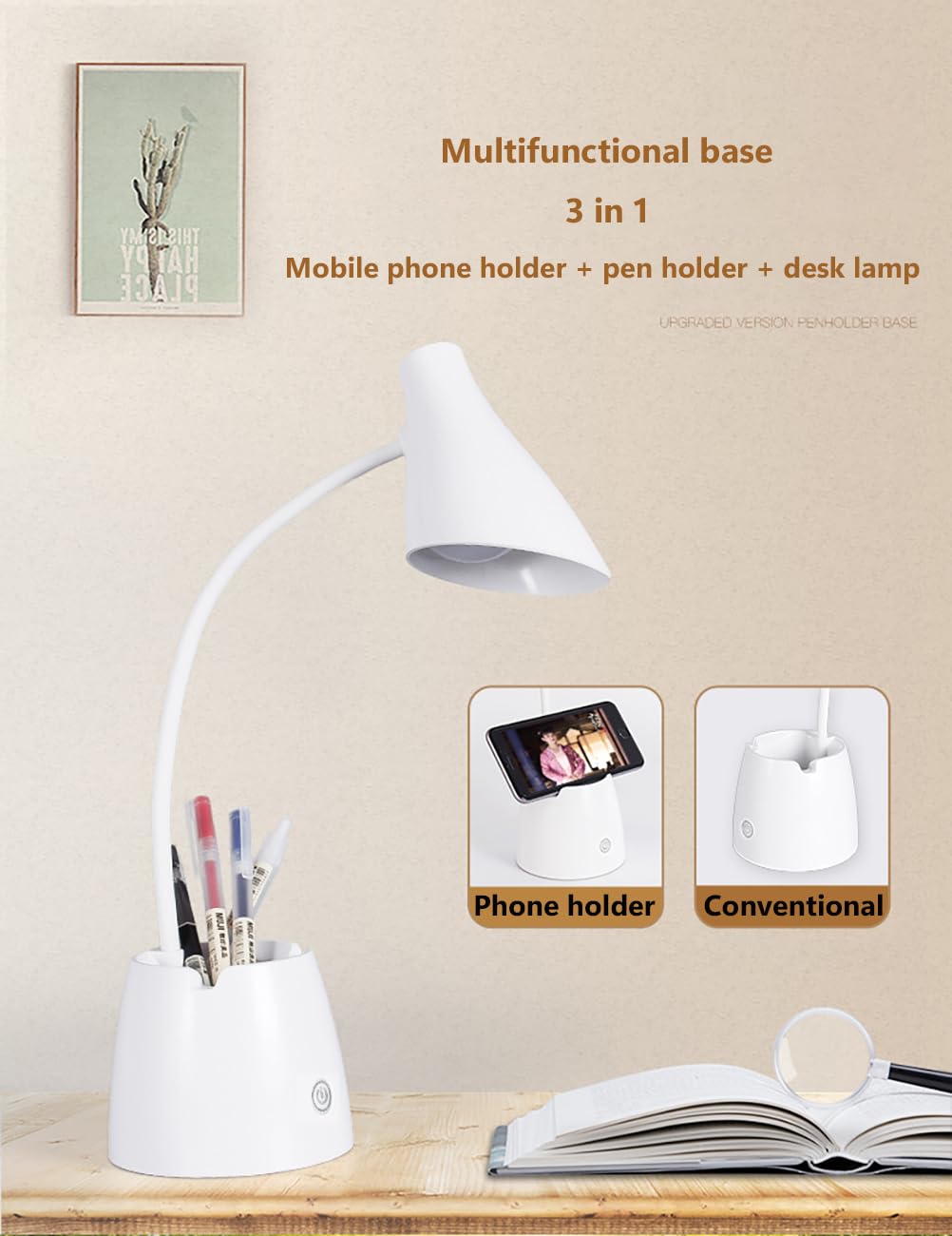 Schreibtischlampe Kinder, 3 Farben Stufenlose Helligkeit Tischlampe Nachttischlampe, 24 LED Augenschonende Bürolampe Leselampe mit Stifthalter, USB-Anschluss Touch Schreibtischleuchte