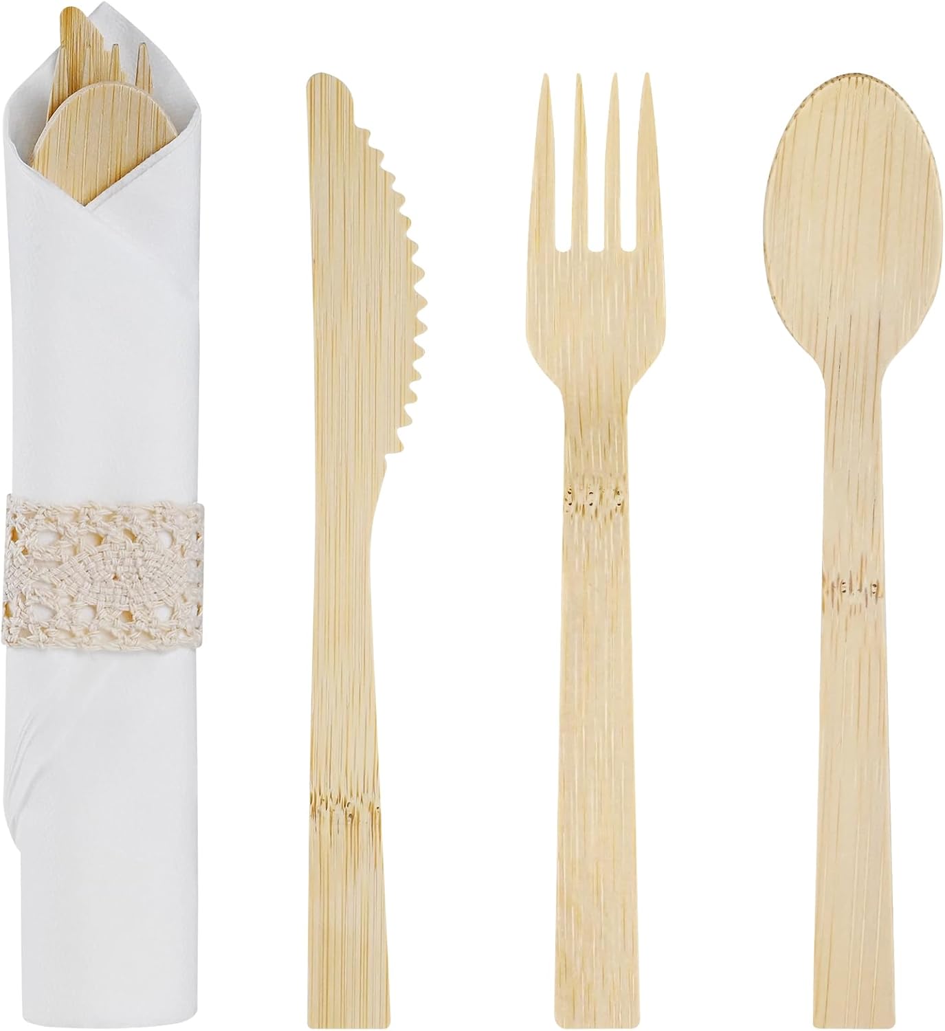 Pre-Wrapped Bamboo Cutlery Set with Napkins – 100 Pack Eco-Friendly Disposable Utensils (100Forks, 100Knives, 100Spoons, 100Napkins) | Biodegradable Wooden Silverware for Parties, Weddings, & Events