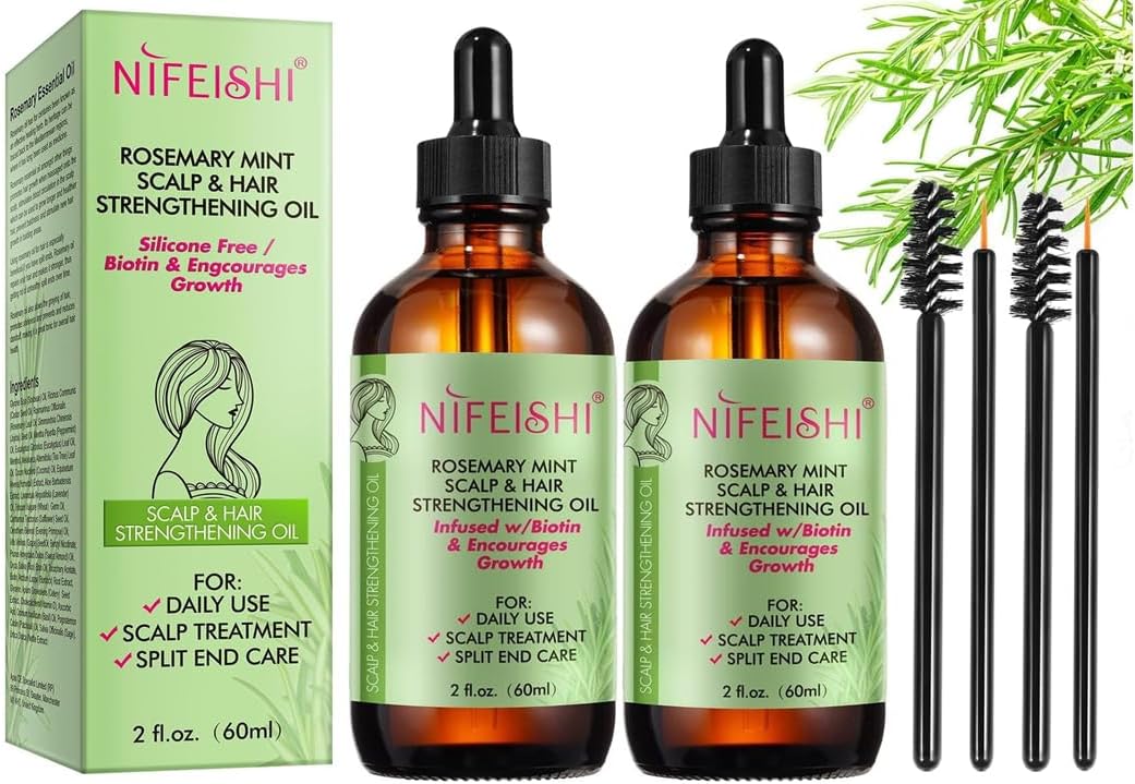 Rozemarijnolie haar, 2 stuks rozemarijnolie voor haar, rozemarijnolie voor haar en hoofdhuid, versterkende olie voor gezonde haargroei, 60 ml Secret Essentials