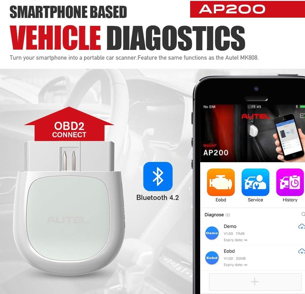 Autel MaxiAP AP200 Dispositivo Bluetooth OBD2 Funciones Reset Aceite EPB (Frenos) BMS (Batería) SAS (Dirección) TPMS (Presión) DPF (Filtro) IMMO (Antirrobo) para Tablet o Smartphone iOS y Android
