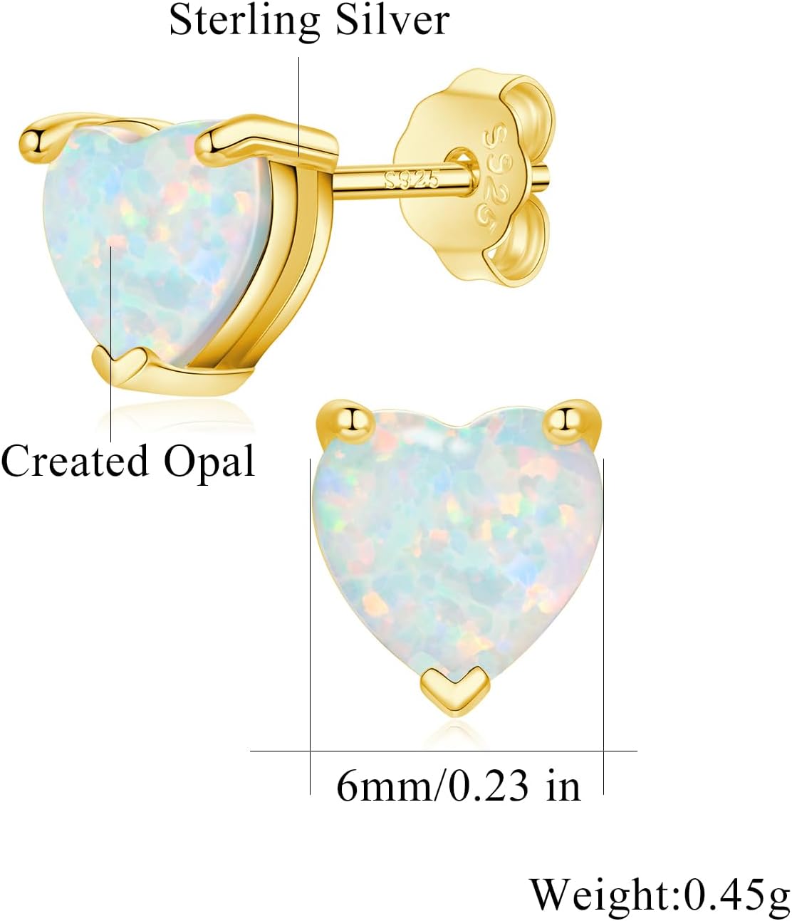 CiNily 925 Sterling Silver Stud Earrings for Women Teen, Heart Opal Stud Earrings, Dainty Cartilage Small Studs for Men, Heart Birthstone Earrings Lightweight Opal Jewelry for Mothers Day Birthday - Image 3