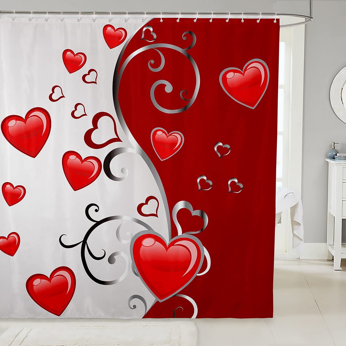 Bovlleetd 183x198cm Felice San Valentino Tenda da Doccia per il Bagno, Colorato Cuore Rosso Tenda da Bagno Asciugatura Rapida Tenda da Doccia Tenda da Bagno Impermeabile con Gancio