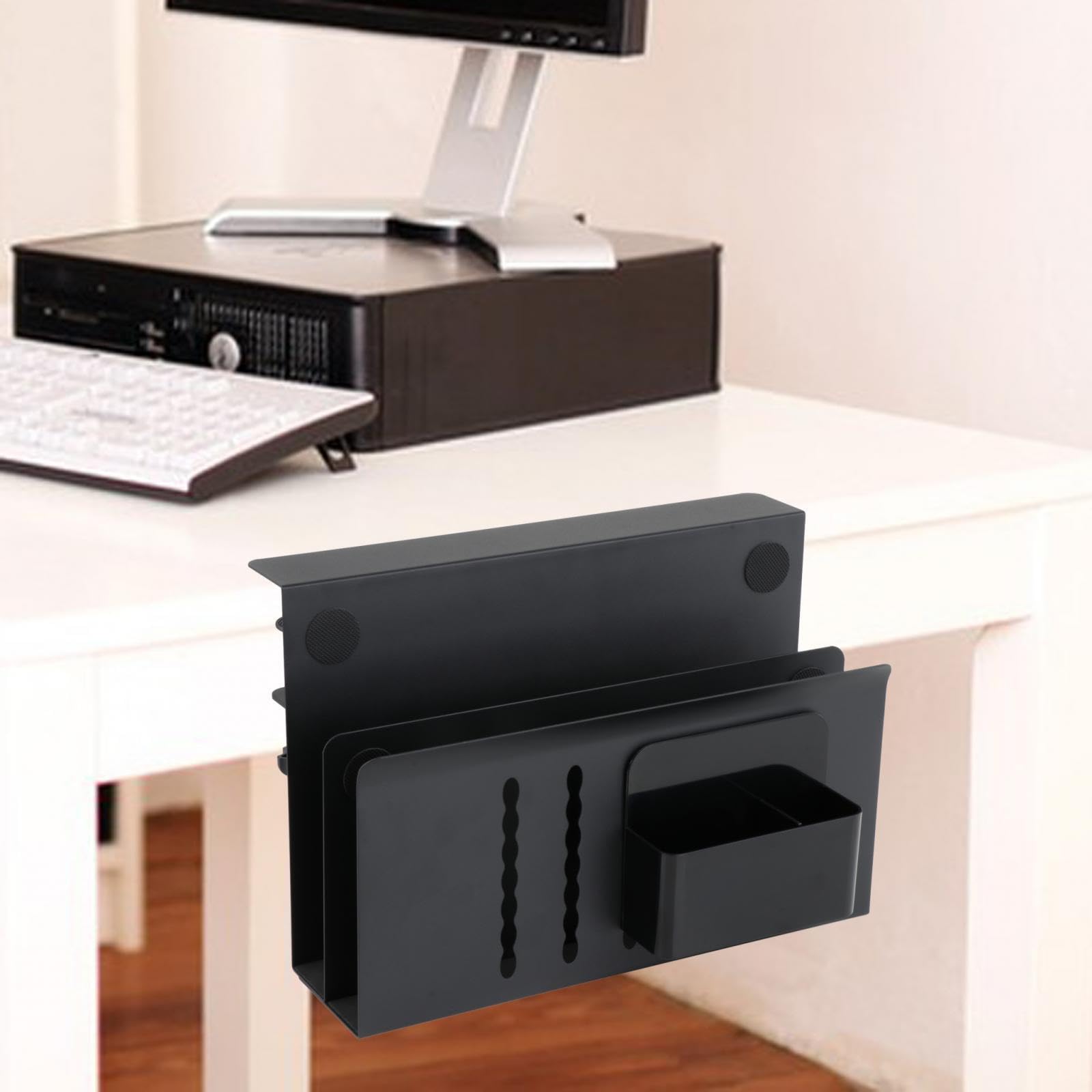Supporto per laptop da scrivania funzionale e sospeso per documenti, progettato per organizzare e rendere produttivo lo spazio di lavoro. Morsetto per