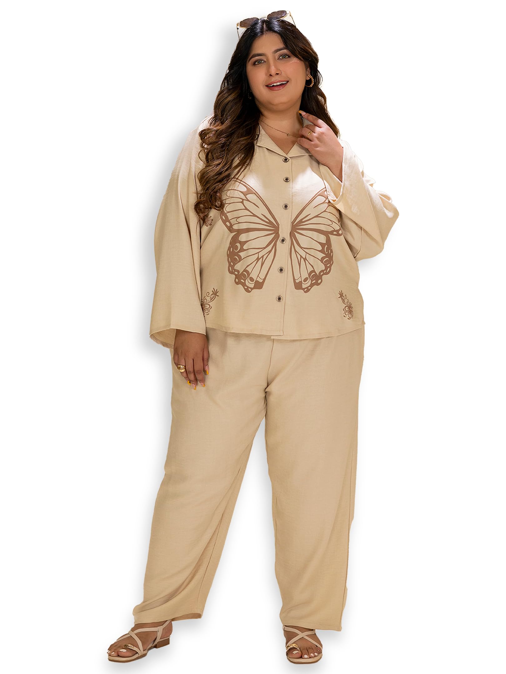 Women Cotton Shine Blend Plus Size Co-ord Set | Cuban Collar Printed Shirt & Trouser Set with Puff Print | Boxy Fit | Loose Sleeves | Casual Wear & Everyday Wear|M to 6XL Cream-picture-50