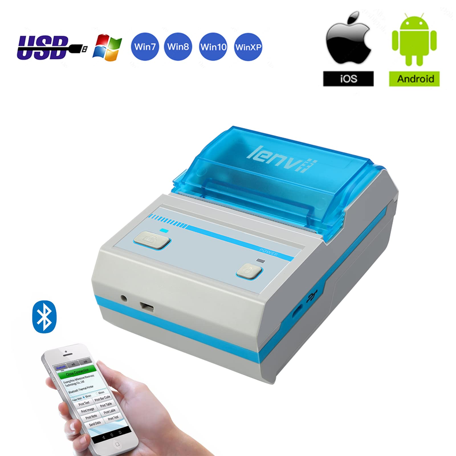 LENVII LV-278B 58MM Bluetooth stampante termica per etichette a 2 pollici stampante per codici a barre Mini stampante per ricevute 2 in 1 stampante compatibile con il sistema Android/iOS