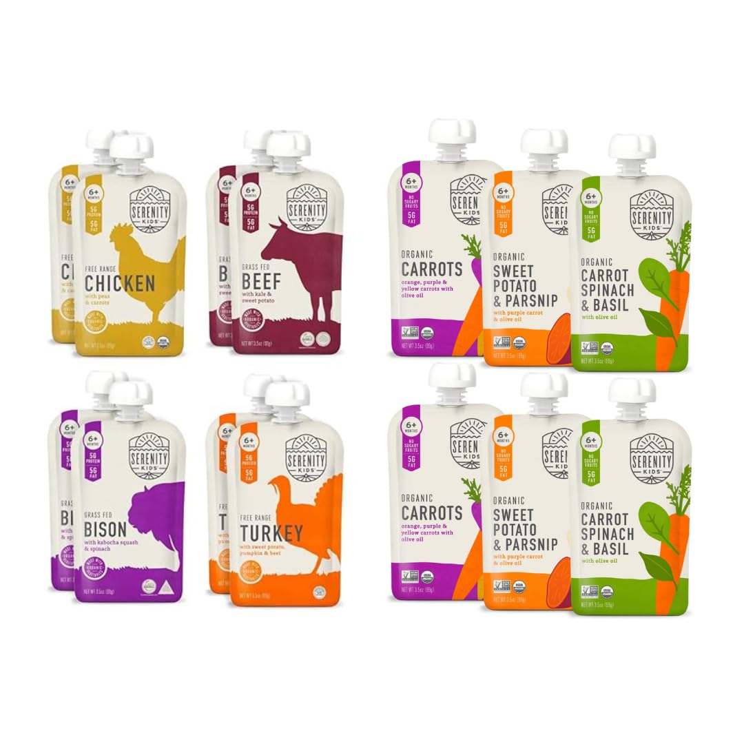 Serenity Kids6+ Months Ethically Sourced Meats & Garden Veggies Baby Food Pouches Bundle | Meats and Garden Veggies Variety Pack (14 Count)