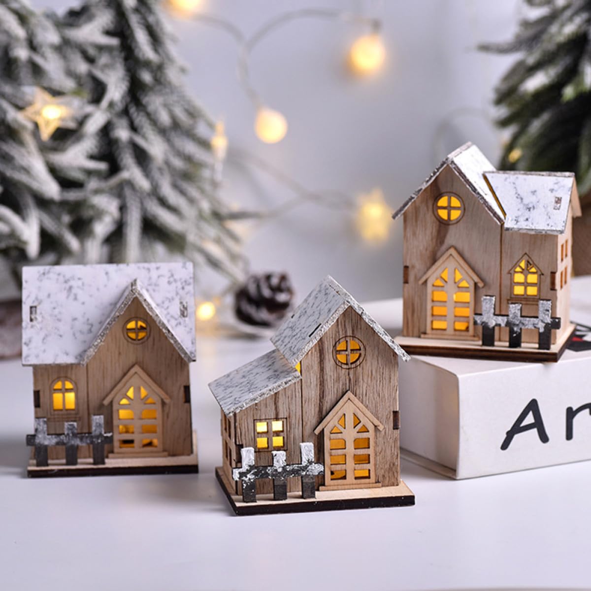 KOMBIUDA 3pezzi Case Natalizie in Legno Luminose Con Base Stabile Decorazioni Da Tavolo Per Festa Di Natale Atmosfera Festiva