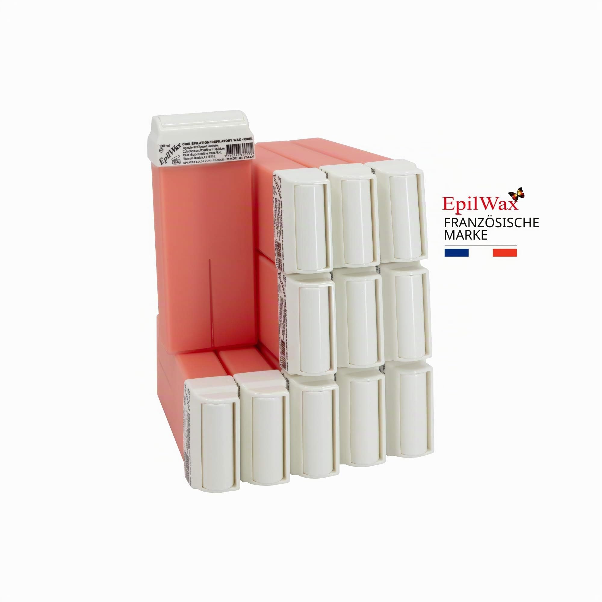 EpilWax Royal Enthaarungsset Komplett mit: Professionellem Wachswärmer,12 Roll-On Wachs 100 ml Rose, 100 Enthaarungsstreifen, 1 Flasche mit 250 ml Öl nach der Enthaarung - (Royal Serie Rose 12)