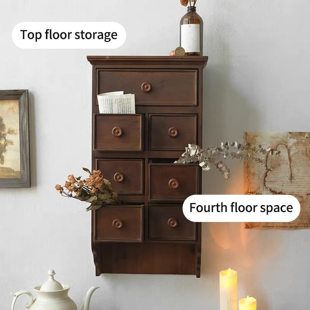 Rustic Mini Wall Cabinet 7 Small Drawers Wooden Curio Cabinet Wall Mounted Countertop Storage Display Cabinet for Room Space Saver