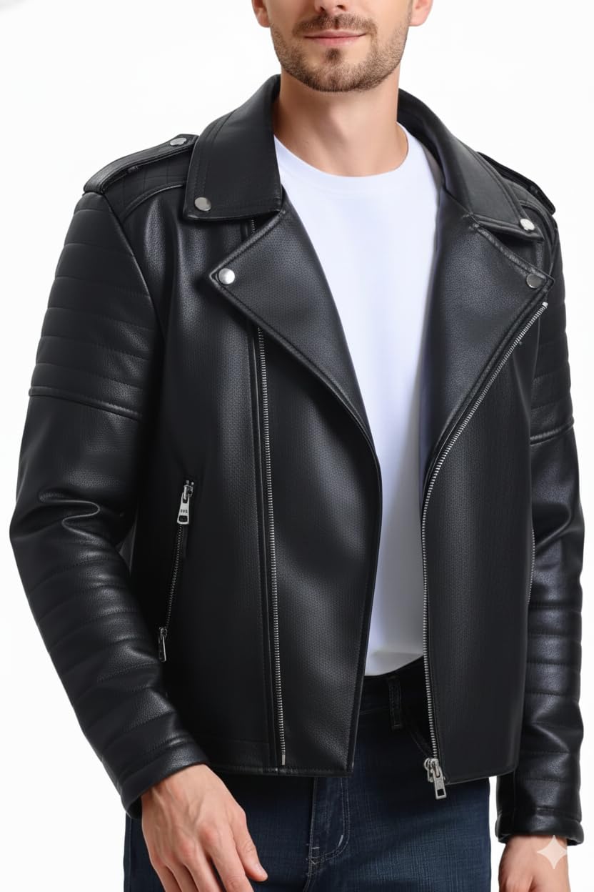 jacketera Men’s Biker Leather Jacket Slim Fit Motorcycle Style PU Outerwear for Winter Stylish Black Faux Leather Rider Jacket with Zipper Closure Padded Design & Stand Colla-picture-34