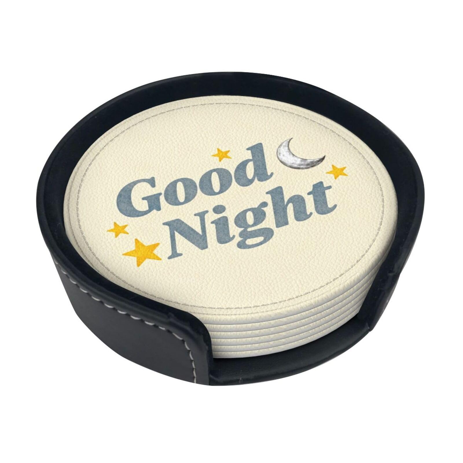 Good night Leather Coasters-Set of 6 with Storage Holder
