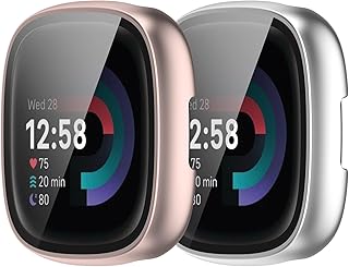 Chofit Screen Protector for Fitbit Sense 2/Versa 4 with HD Tempered Glass Sensitive Touch Protective Case, Hard PC Cover with Full Coverage Bumper for Sense 2/Versa 4 Smartwatch (Rose Gold&Silver)