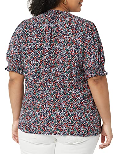 Amazon Essentials Women's Fluid Twill Short Puff Sleeve Smock Detail Shirt, Navy, Ditsy Print/Meadow, Large #TOP3