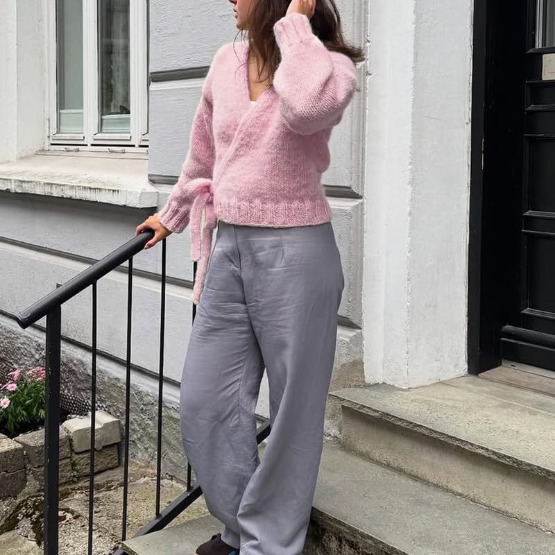 Wrap Sweater for Women Y2K Tie Front Long Sleeve V Neck Belted Cardigan Trendy Yoga Crop Knit Blouse Fall Winter4