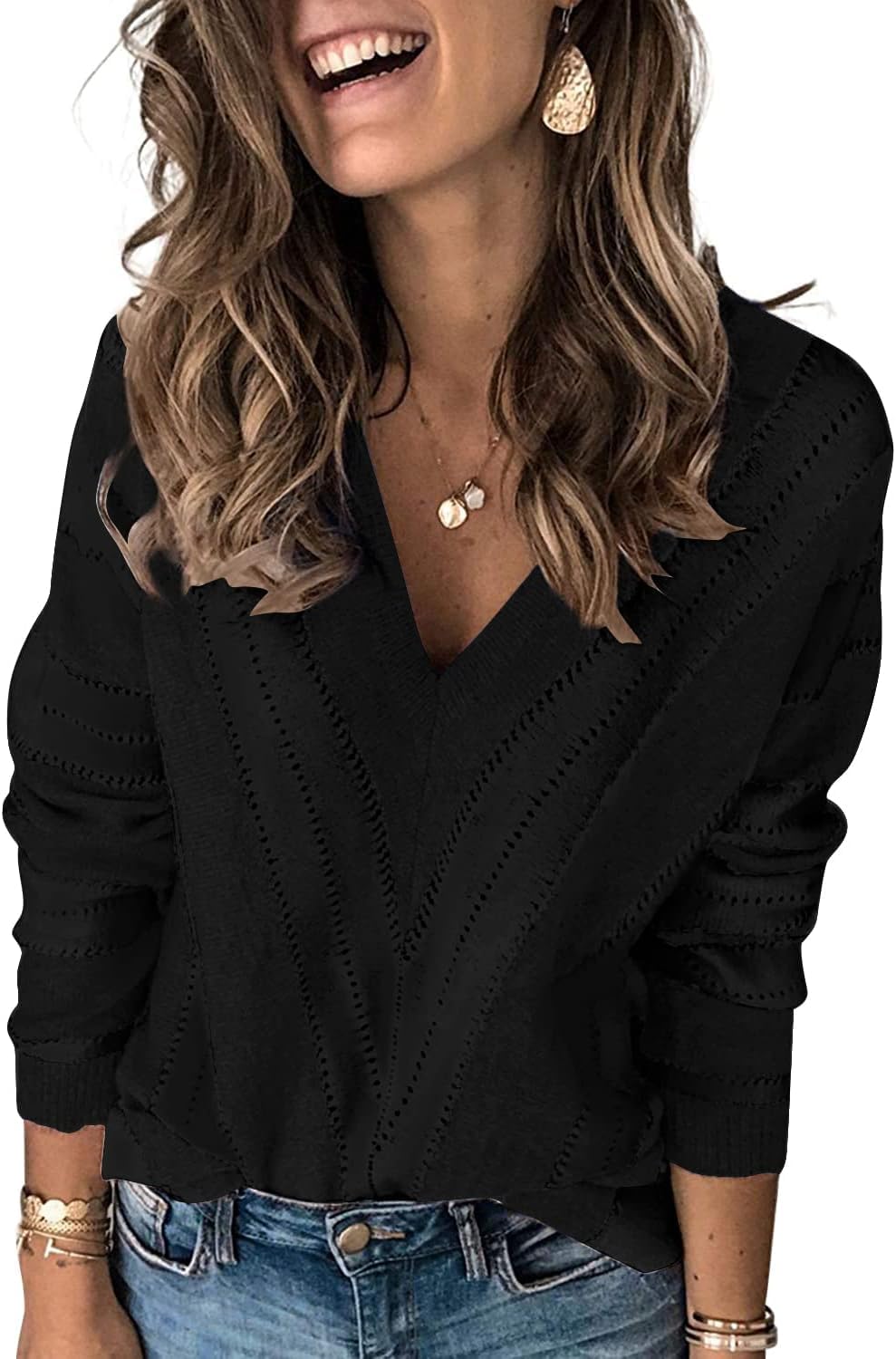 QIXING Damespullover met V-hals en lange mouwen, gebreide trui, V-vorm, gestreept shirt voor dames, L QIXING Damespullover met V-hals en lange mouwen, gebreide trui, V-vorm, gestreept shirt voor dames, L