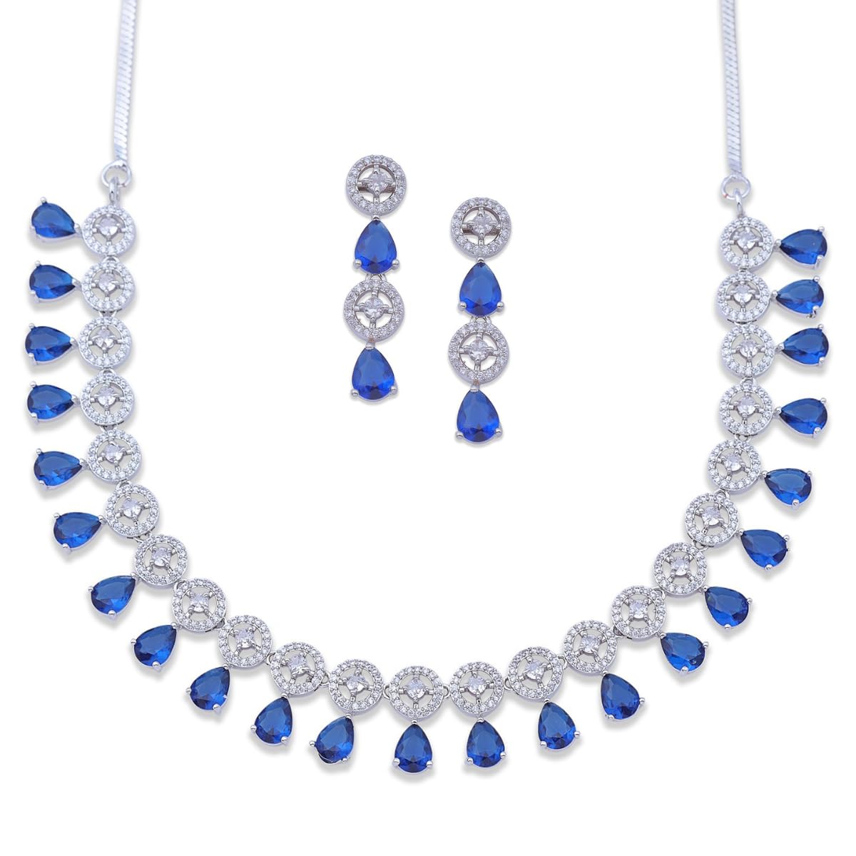 Silver Plated Blue Sapphire Minimal Necklace Set with Earrings American Diamond Adjustable Chain, Push-Back Earrings – Ideal for Weddings, Engagement, and Special Occasions for Womens.