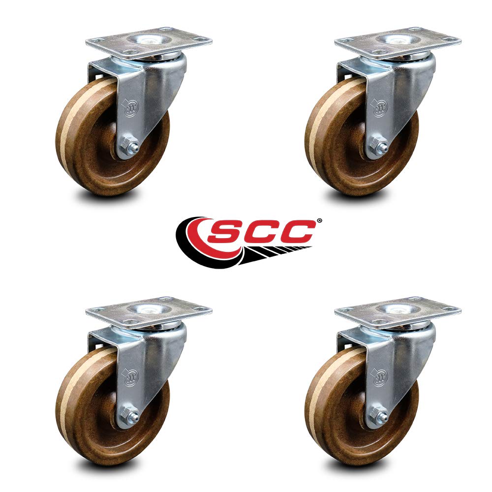 High Temperature Phenolic Swivel Top Plate Caster Set of 4 with Roller Bearings - 4 Inch Brown Wheels - Includes 4 Swivel - 1200 lbs. Total Capacity - Service Caster Brand