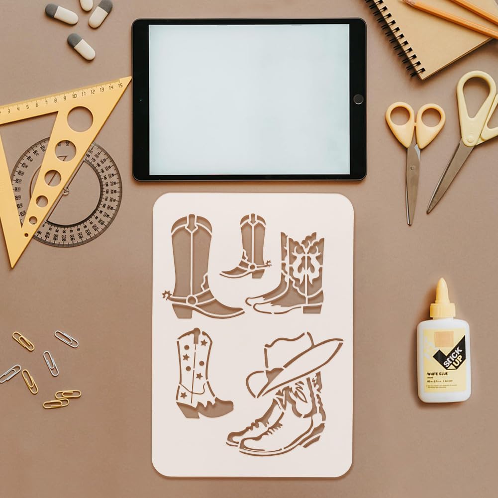 FINGERINSPIRE Pochoir De Peinture Motif Bottes De Cowboy Et Chapeau 21,1 X 29,7 Cm Avec Motif Bottes De Cowboy Avec éperon - Pochoir Réutilisable Pour Peinture Sur Tissu, Carrelage, Meubles De Sol