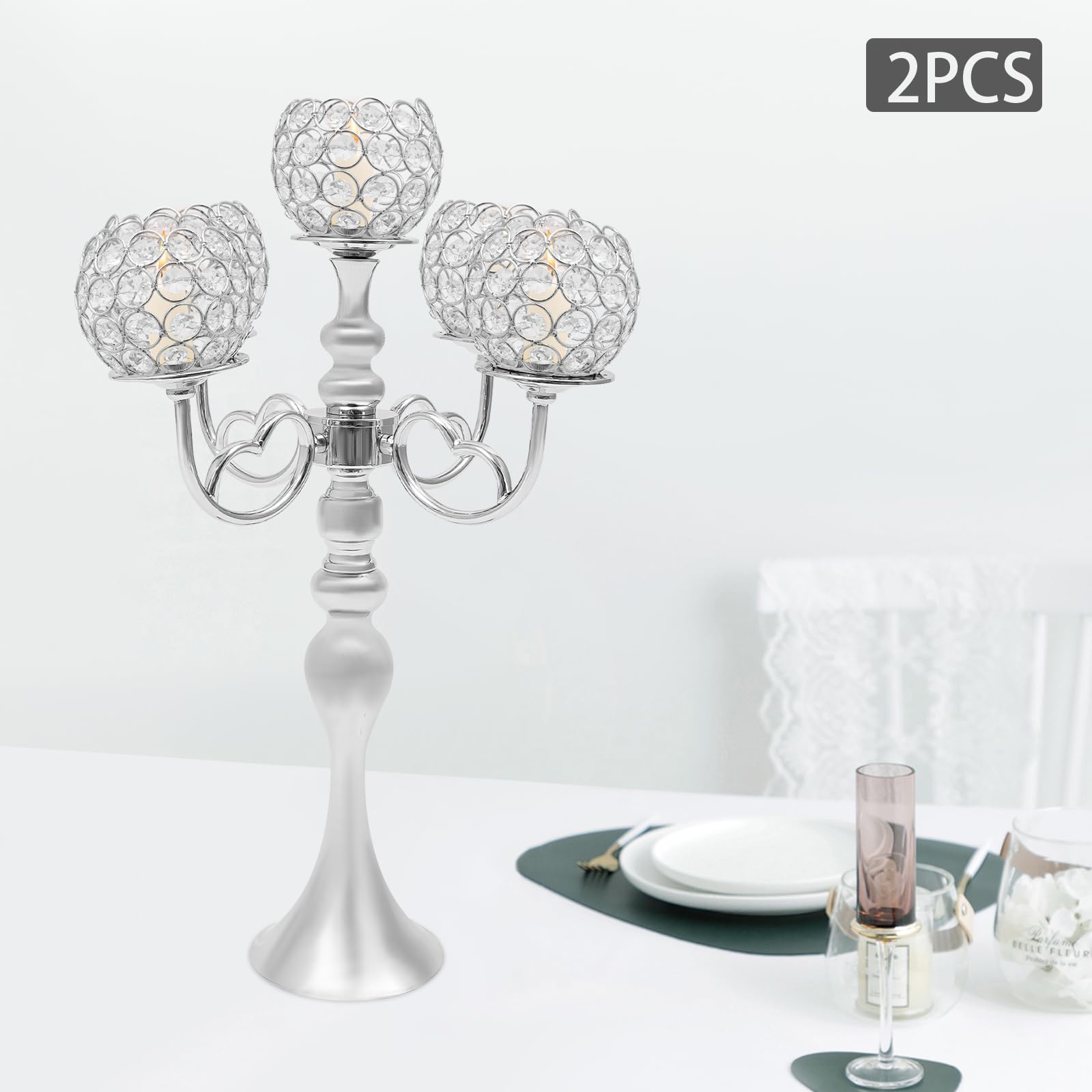 ZHISHUAI- 2 Pack 5 Arm Crystal Candelabra Centerpieces, Tabletop Tall Crystal Candle Holders with Crystal Candle Holder Bowl, for Home Wedding Anniversary Dinner Party Table Decoration (Silver)